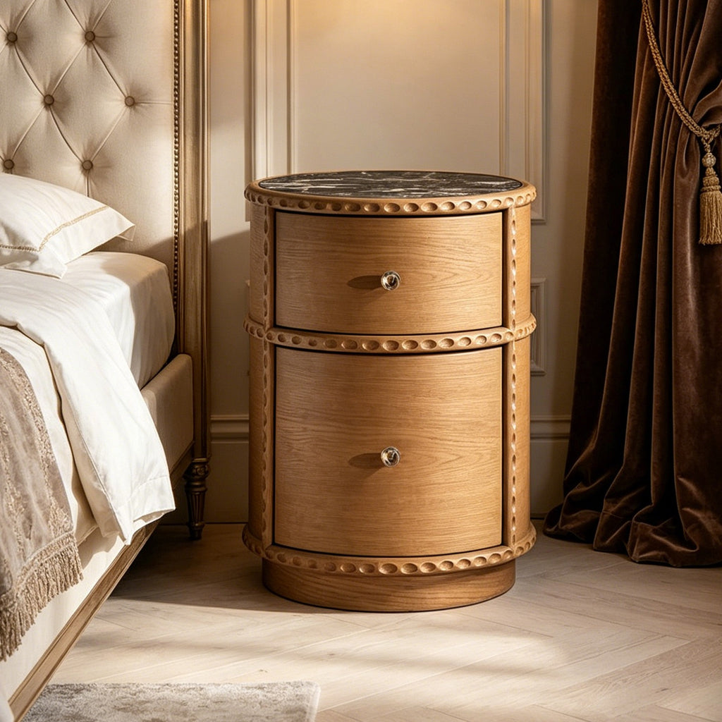 French Vintage Round Wood Nightstand