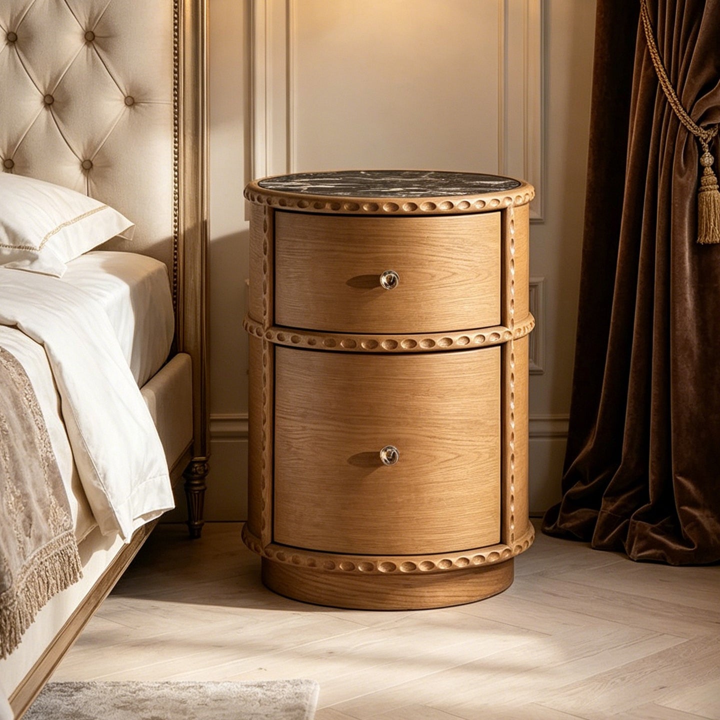 French Vintage Round Wood Nightstand