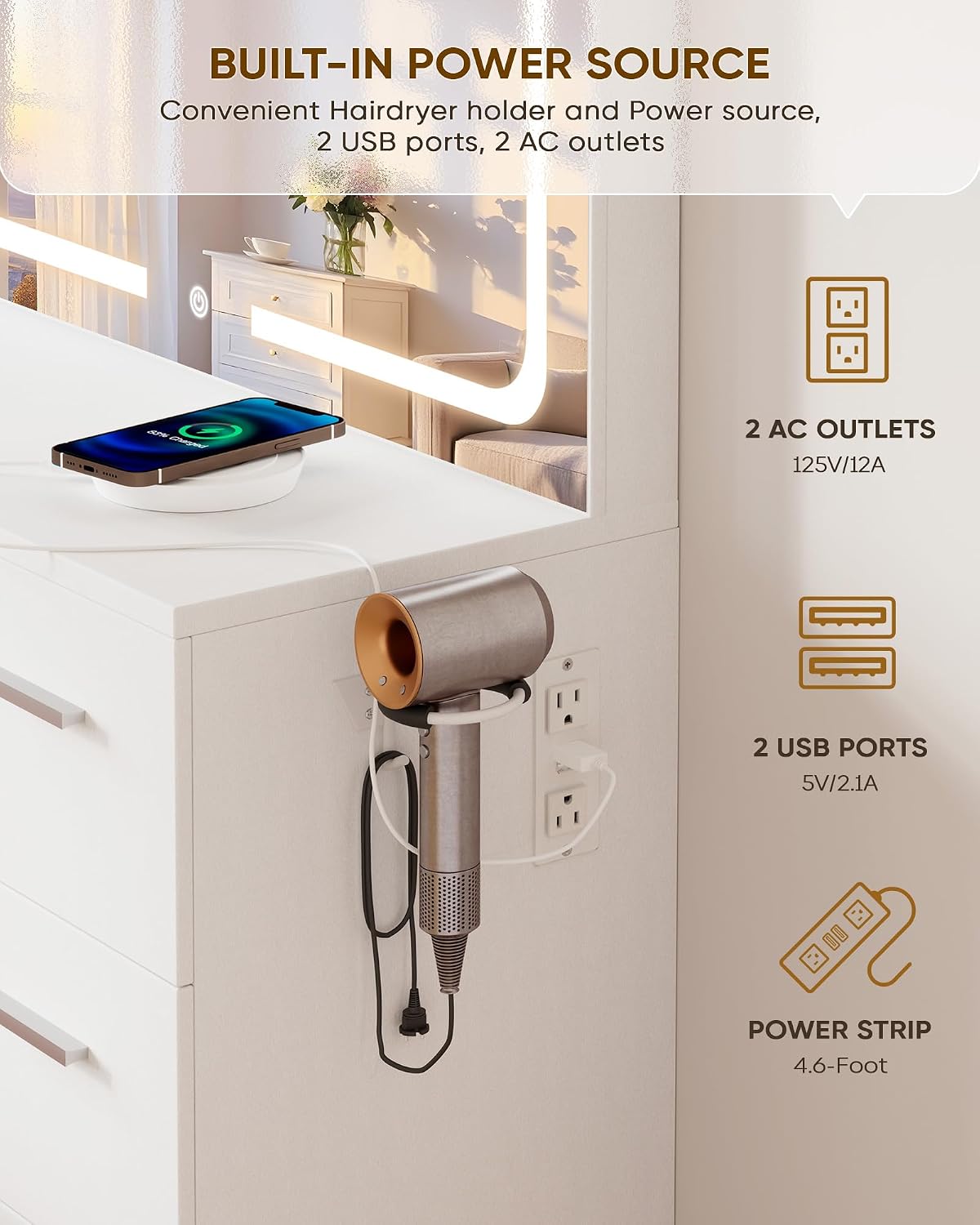 LED Mirror Charging Station Vanity Desk