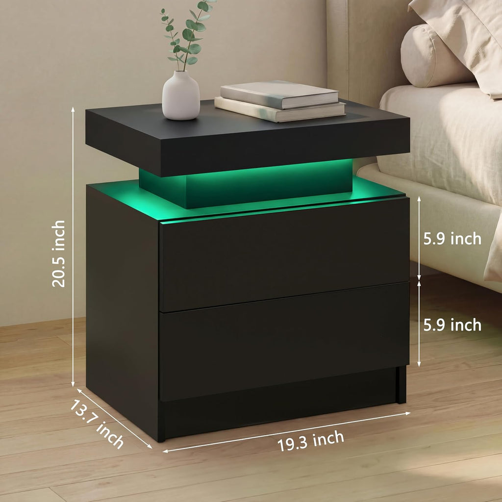 Modern Black LED 2-Drawer Nightstand