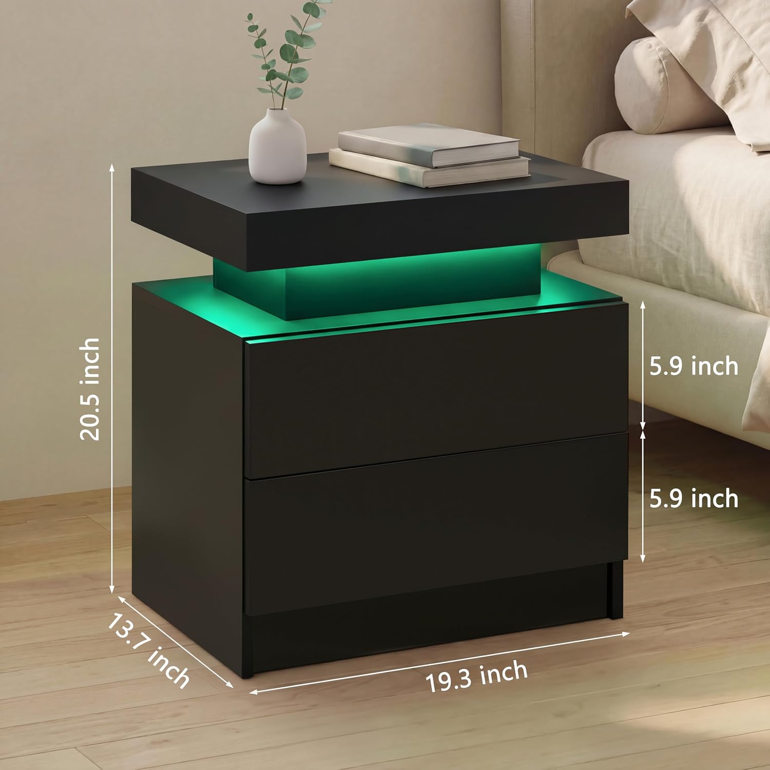 Modern Black LED 2-Drawer Nightstand