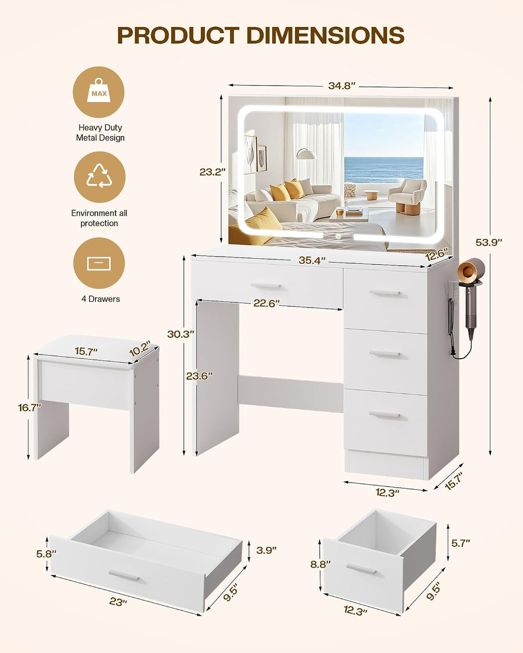 LED Mirror Charging Station Vanity Desk
