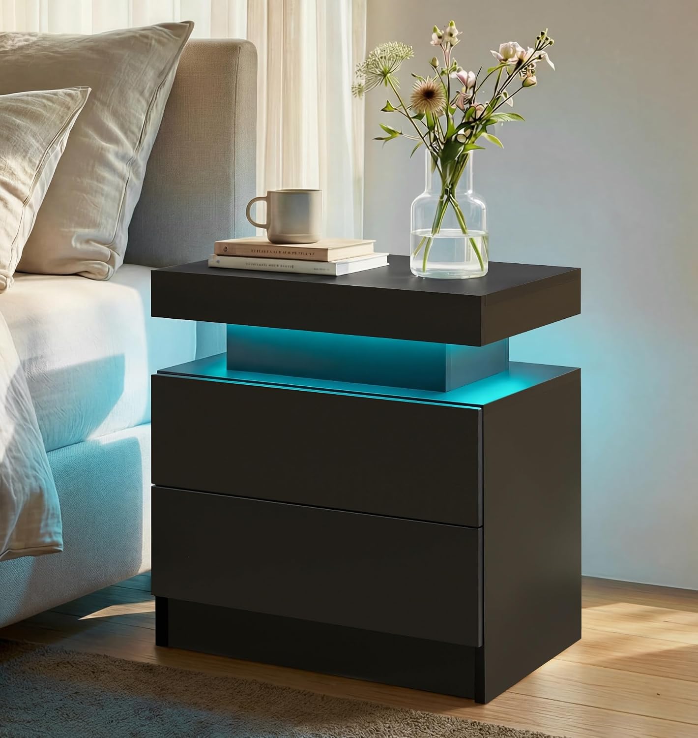 Modern Black LED 2-Drawer Nightstand