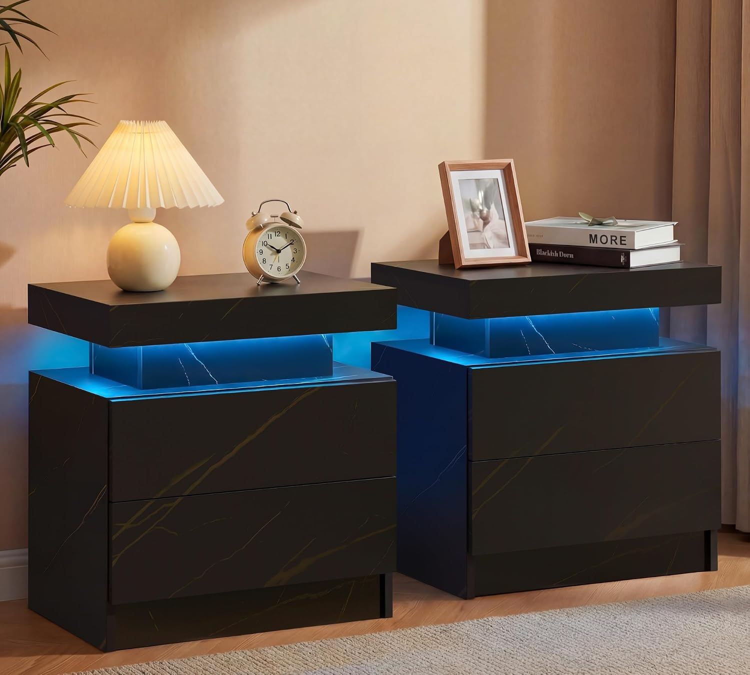 Modern Black LED 2-Drawer Nightstand
