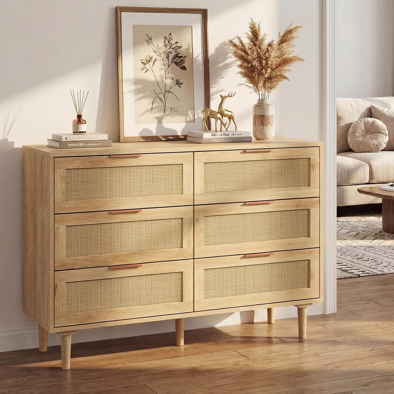 Modern Rattan 6-Drawer Wood Storage Dresser