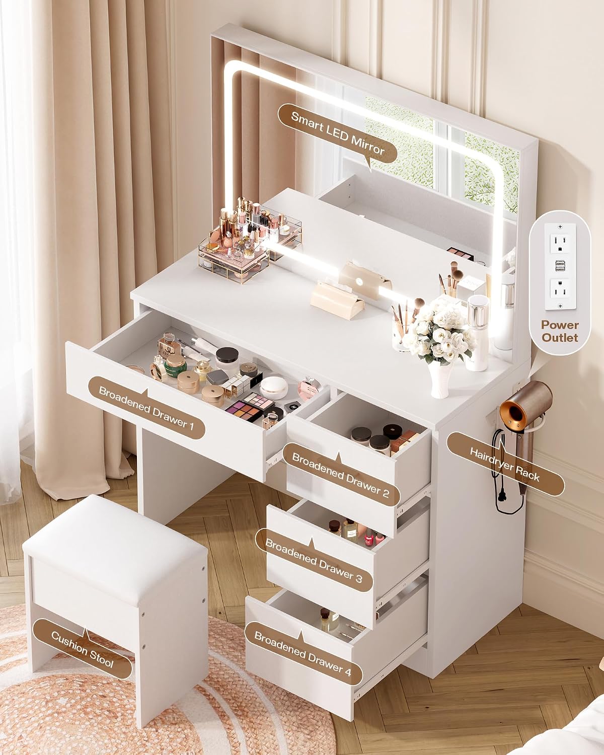 LED Mirror Charging Station Vanity Desk