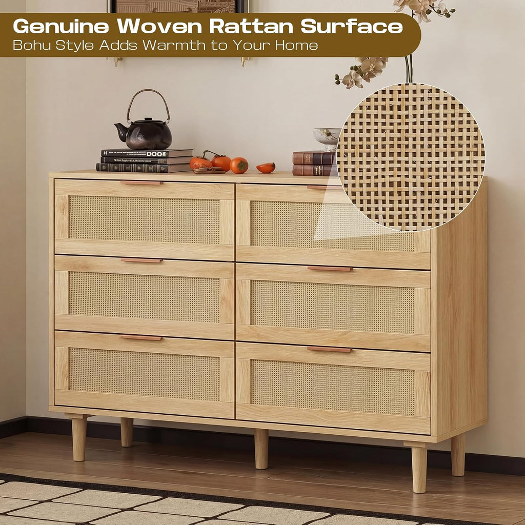 Modern Rattan 6-Drawer Wood Storage Dresser