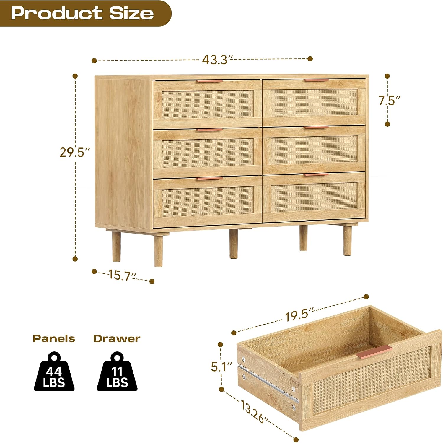 Modern Rattan 6-Drawer Wood Storage Dresser
