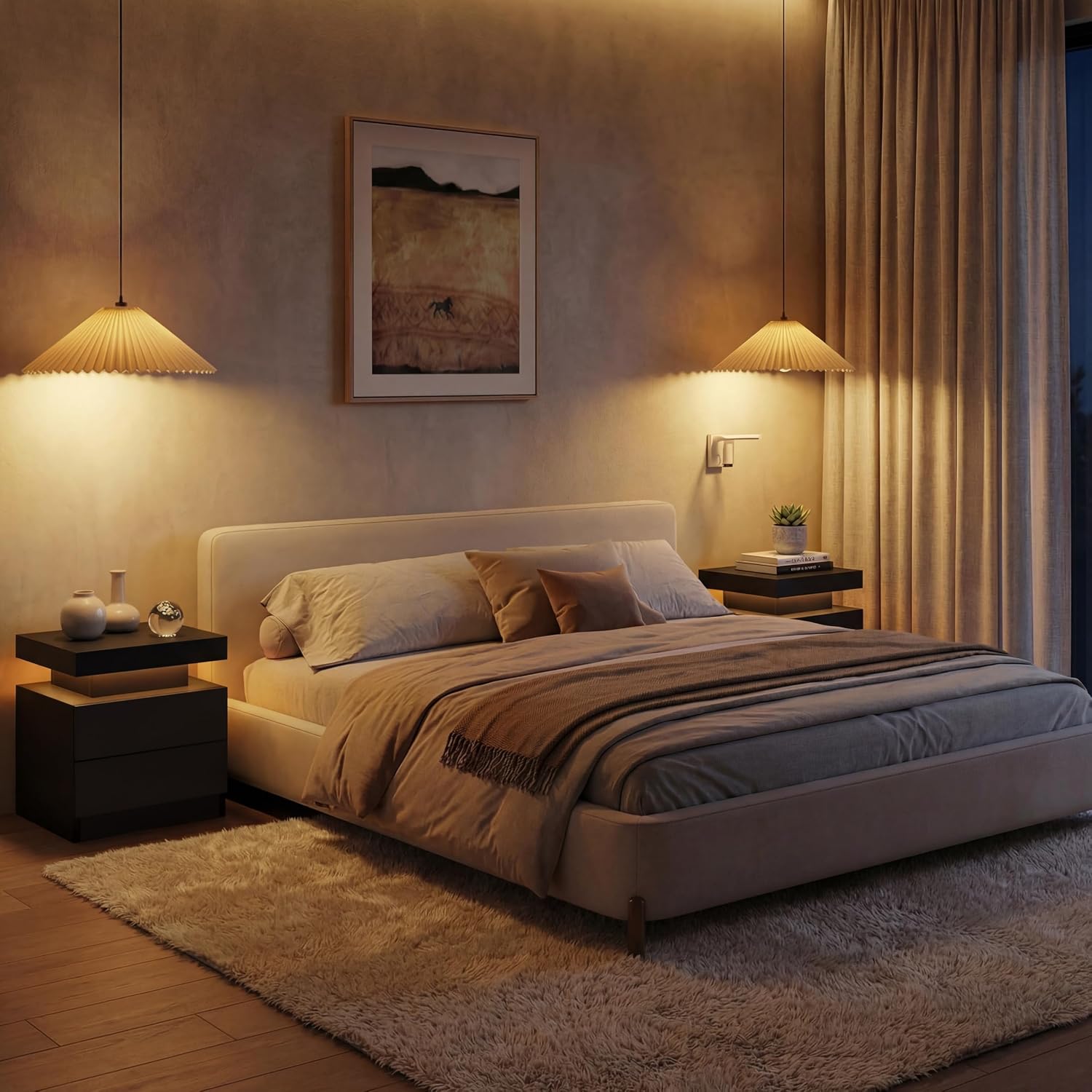 Modern Black LED 2-Drawer Nightstand
