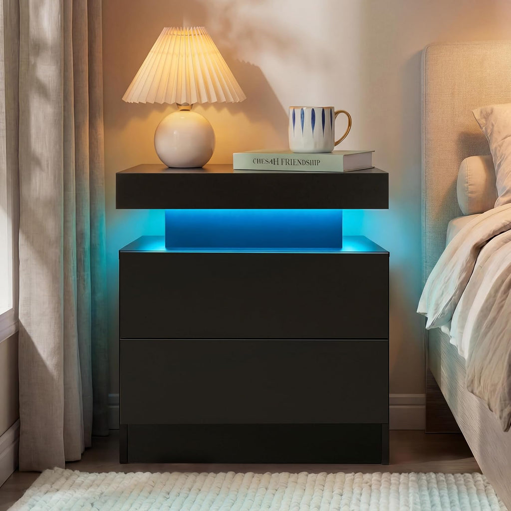 Modern Black LED 2-Drawer Nightstand