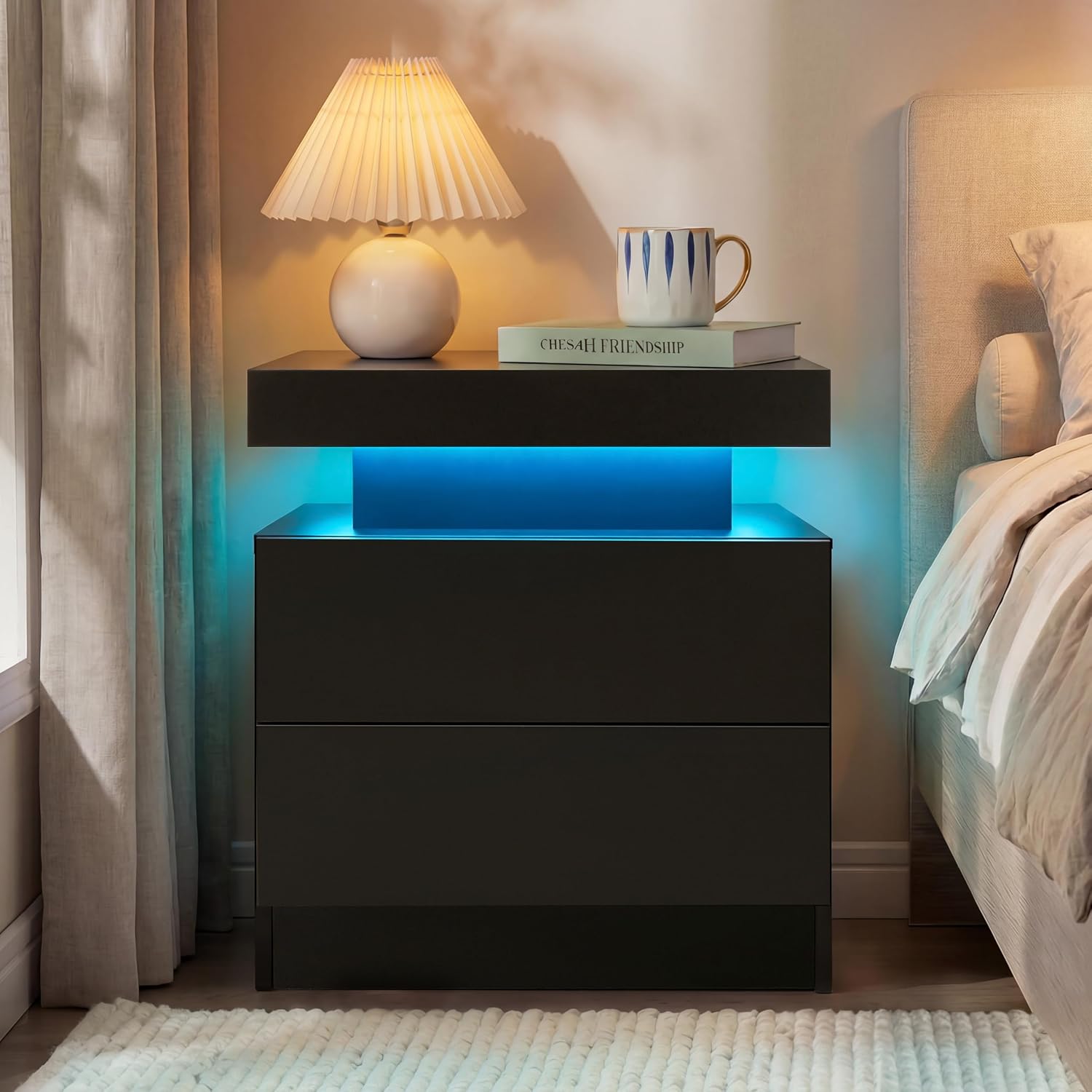 Modern Black LED 2-Drawer Nightstand