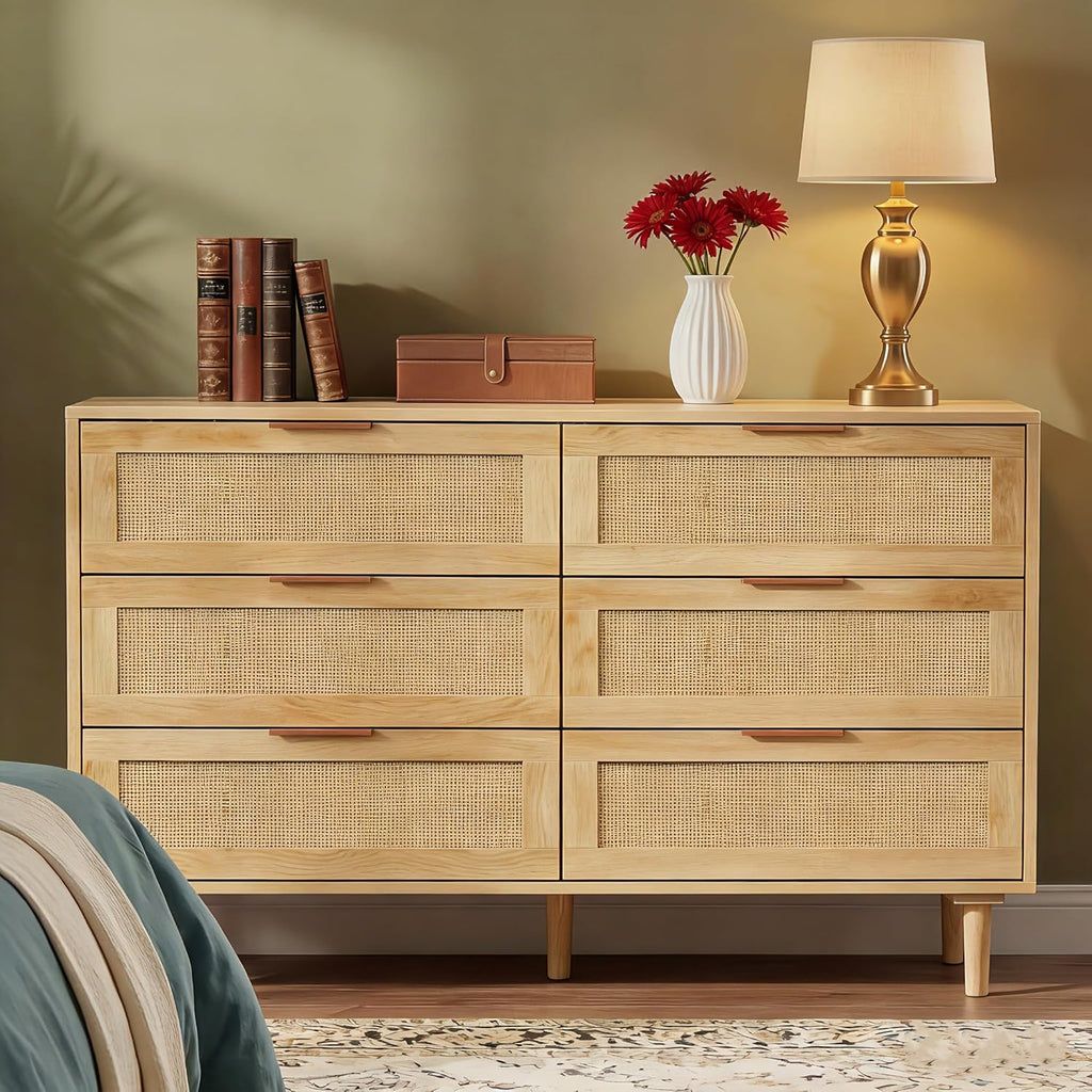 Modern Rattan 6-Drawer Wood Storage Dresser