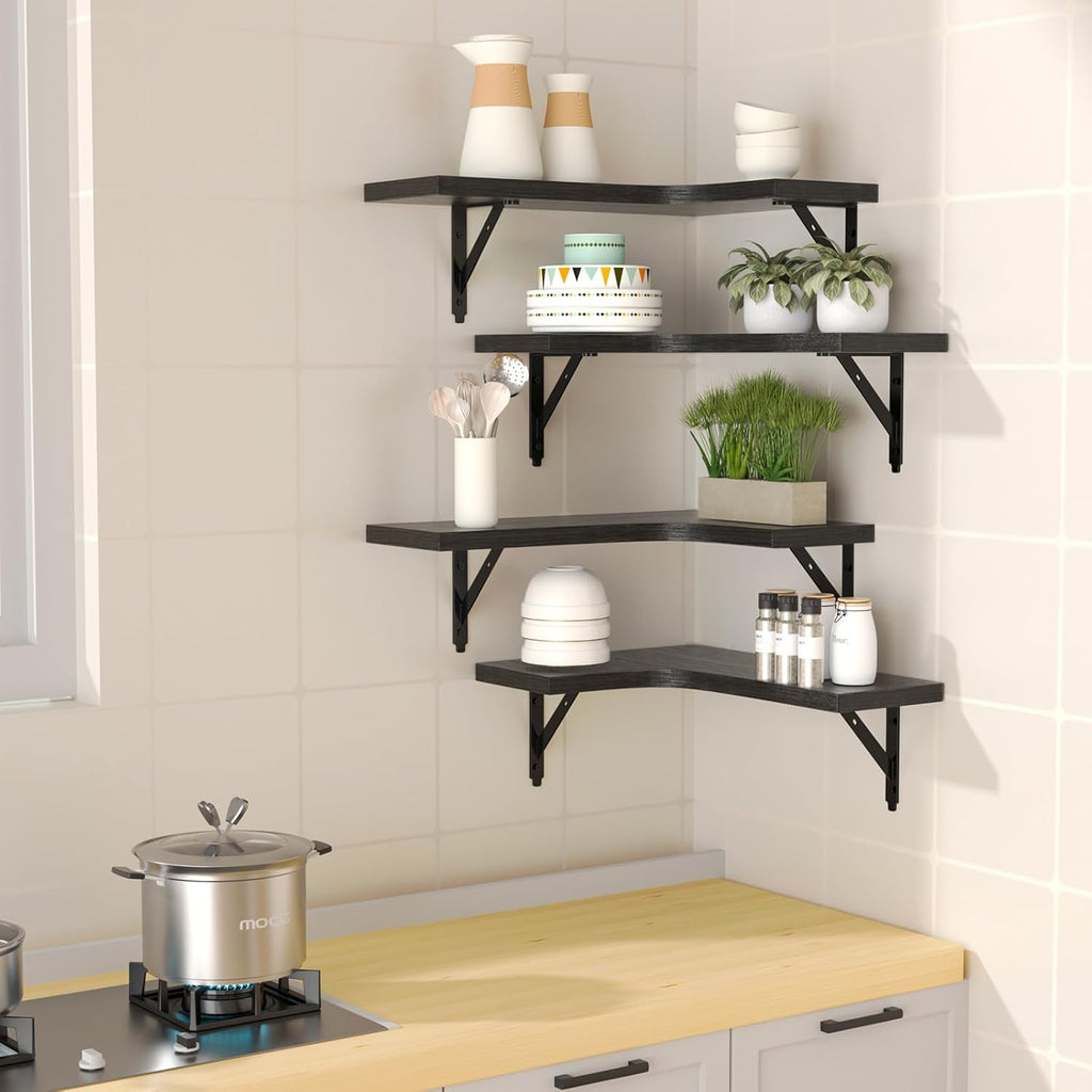 4-Pack Rustic Wood Floating Corner Shelves