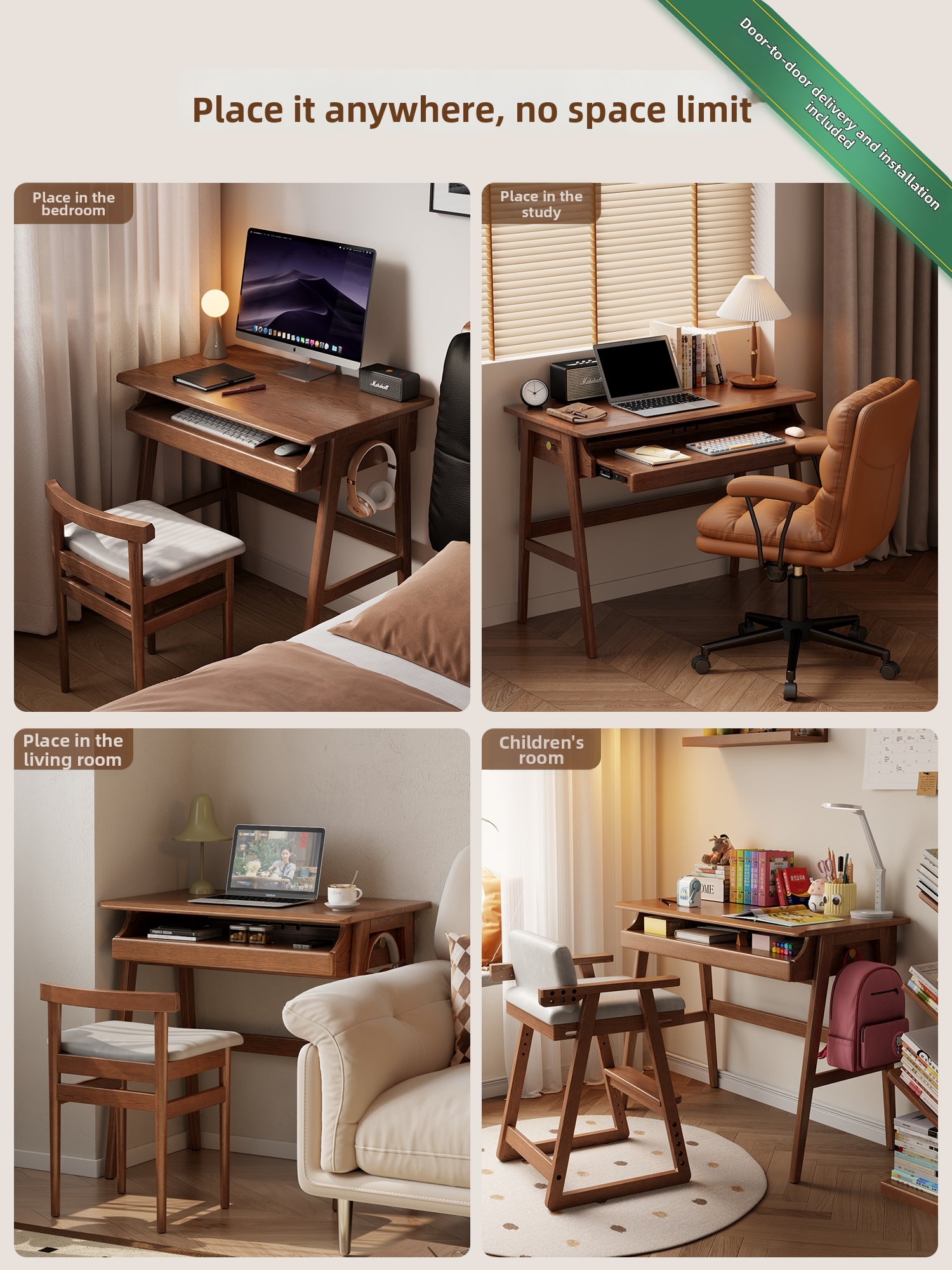 Solid Wood Computer Desk with Keyboard Drawer