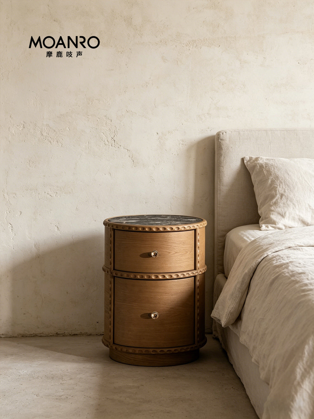 French Vintage Round Wood Nightstand