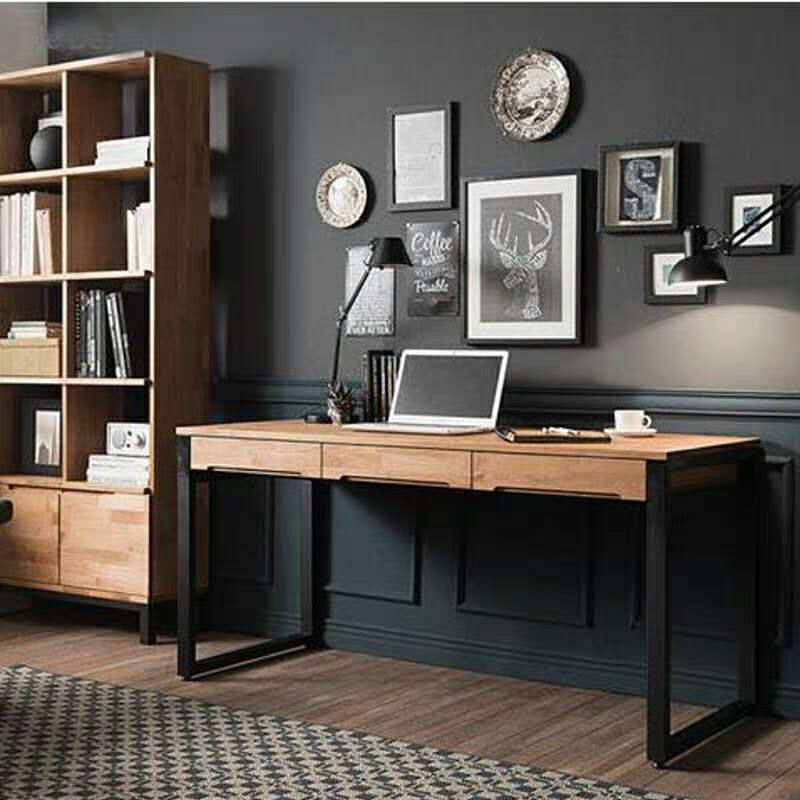 Retro Industrial Style Iron and Wood Desk With Drawer
