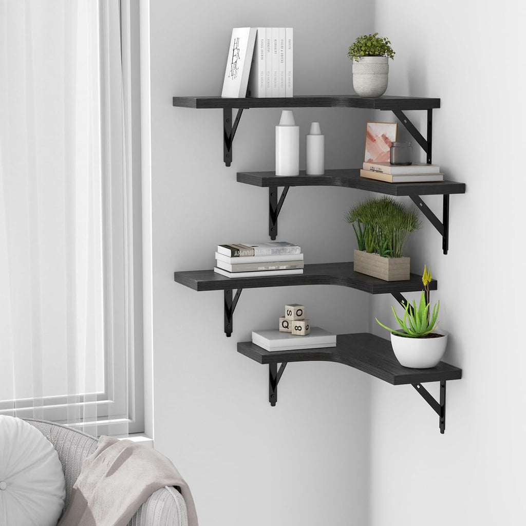 4-Pack Rustic Wood Floating Corner Shelves